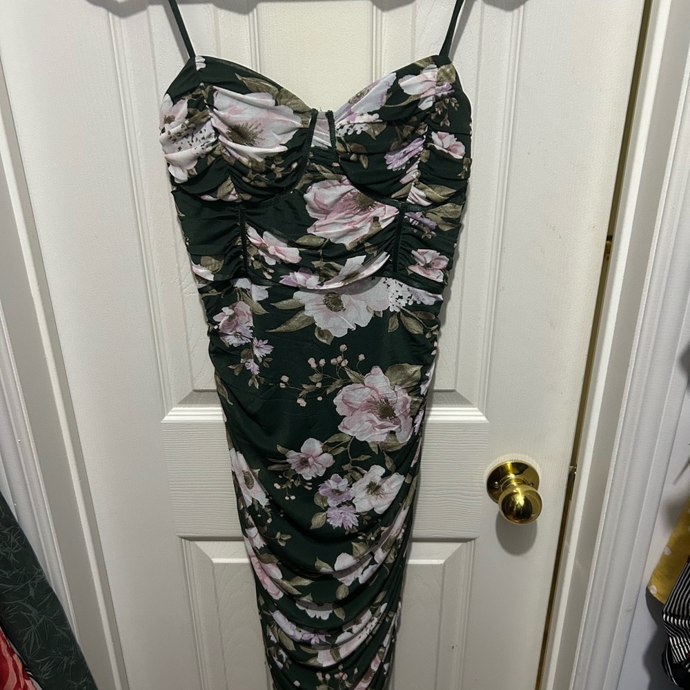 Floral Green Ruched Dress